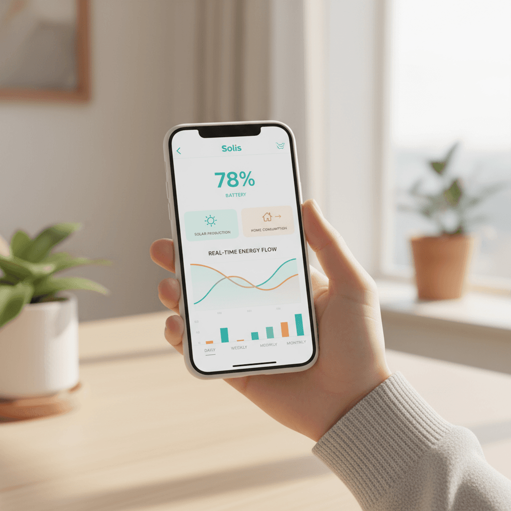 Solis monitoring app dashboard on smartphone showing live battery data