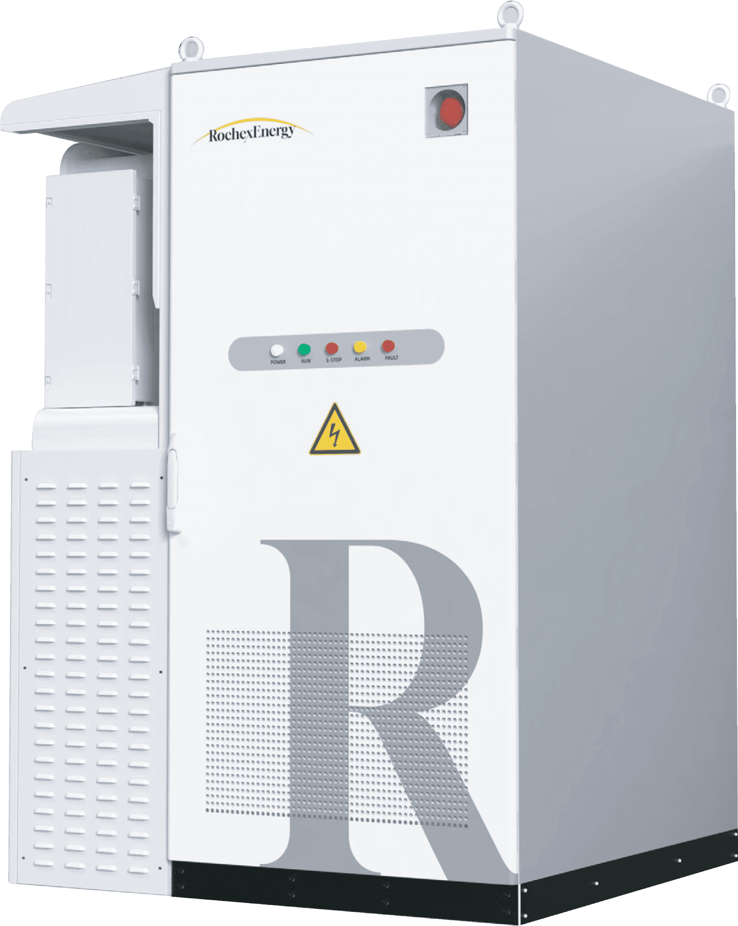 Witte RochexEnergy industriële elektrische kast met bedieningspaneel, waarschuwingssymbool en grote grijze letter R.