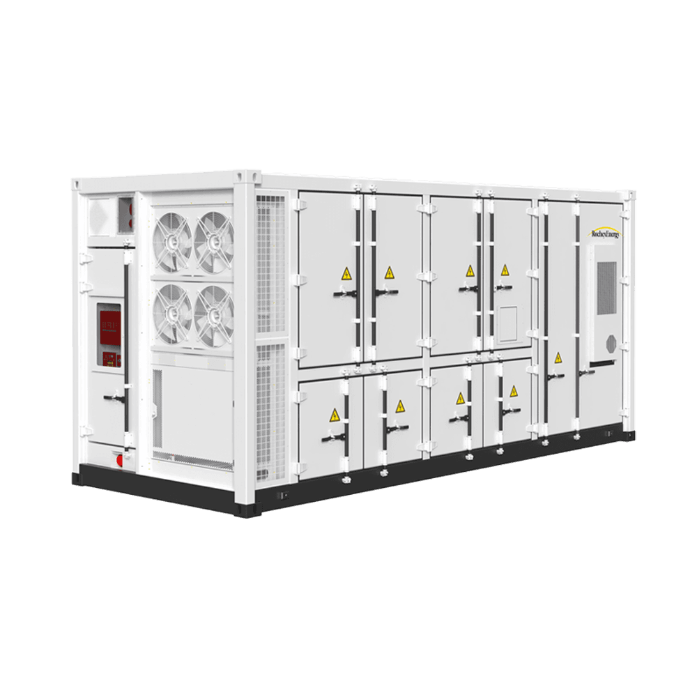 Witte industriële container voor energieopslag met koelventilatoren en meerdere deuren met gele waarschuwingssymbolen.