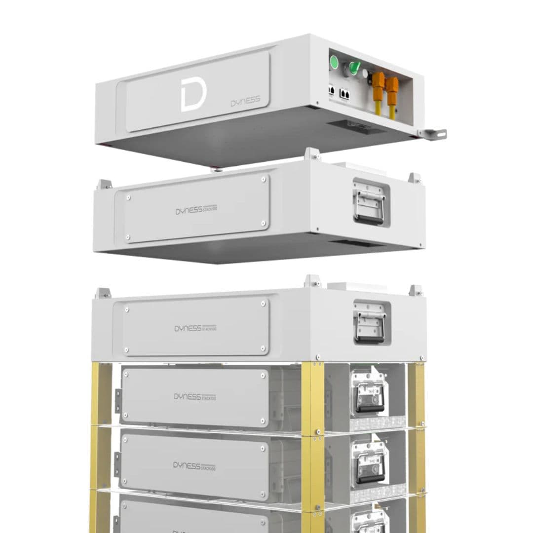 Modulair Dyness batterijopslagsysteem met witte stapelbare modules voor duurzame energieopslag in huis.