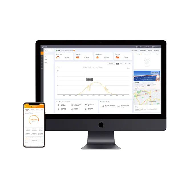 Dashboard voor zonne-energie monitoring weergegeven op een desktop monitor en een mobiele telefoon.